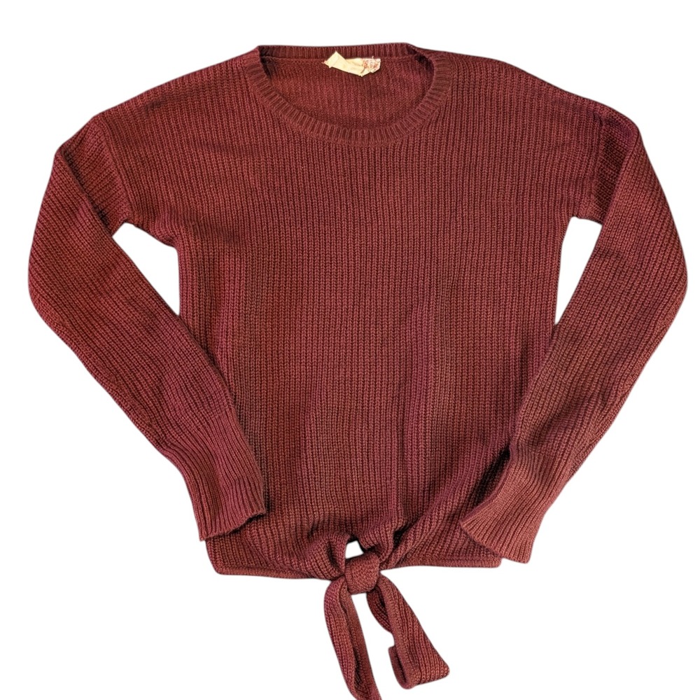 Pink Republic Burgundy Ribbed Knit Tie Front Sweater Long Sleeve Women's XS - Picture 1 of 12